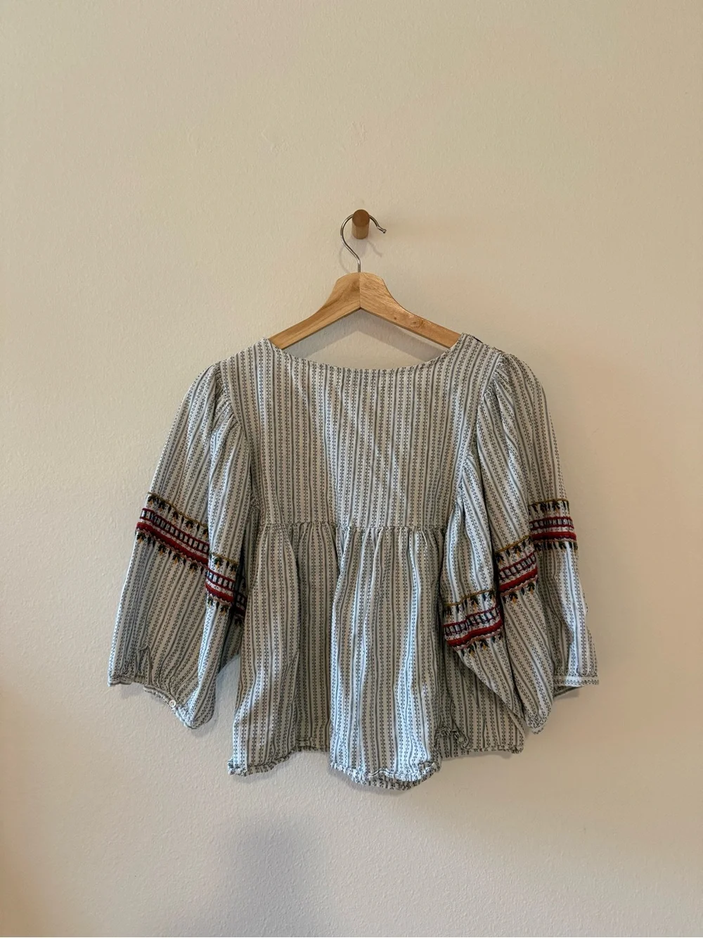 Zara Striped Embroidered Peasant Blouse in Light Blue and White